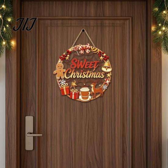 Poplar Wood Decor Christmas Door Sign, Double Sided Hanging Wooden Plaque for Front Door, Rustic Holiday Wall Decoration Indoor Outdoor Seasonal Party
