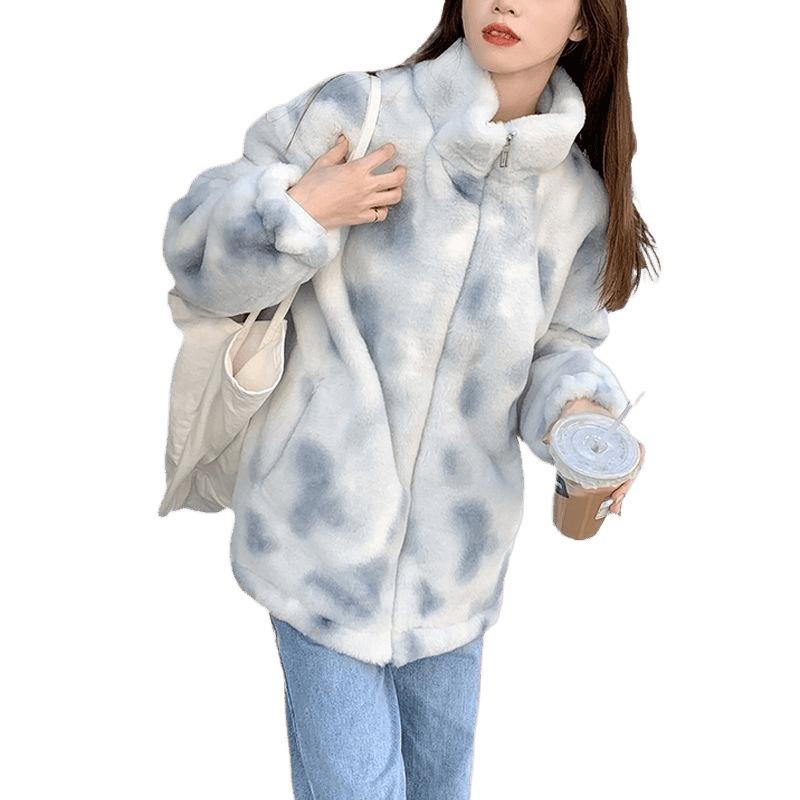 New Lamb Plush Imitation Leather Jacket Women's Tide Autumn and Winter Loose Furry Stand-up Collar Sweater