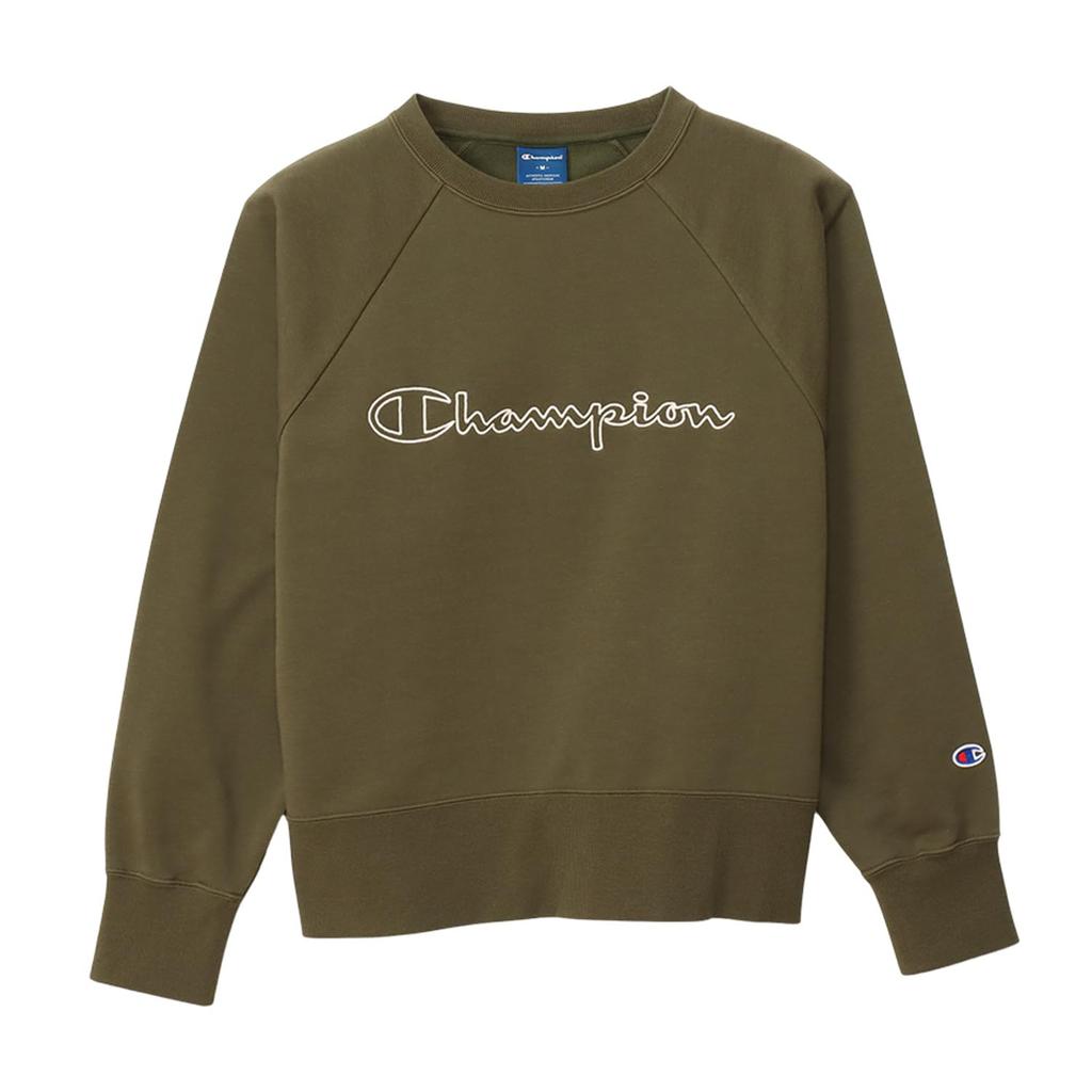 Champion Long Sleeve Crew Relax Script Terry Crew Neck Size L Techweave® T-Shirt, Neck, Fit, Stretch, Quick-Drying, Logo, Sweatshirt, Women's, Olive,