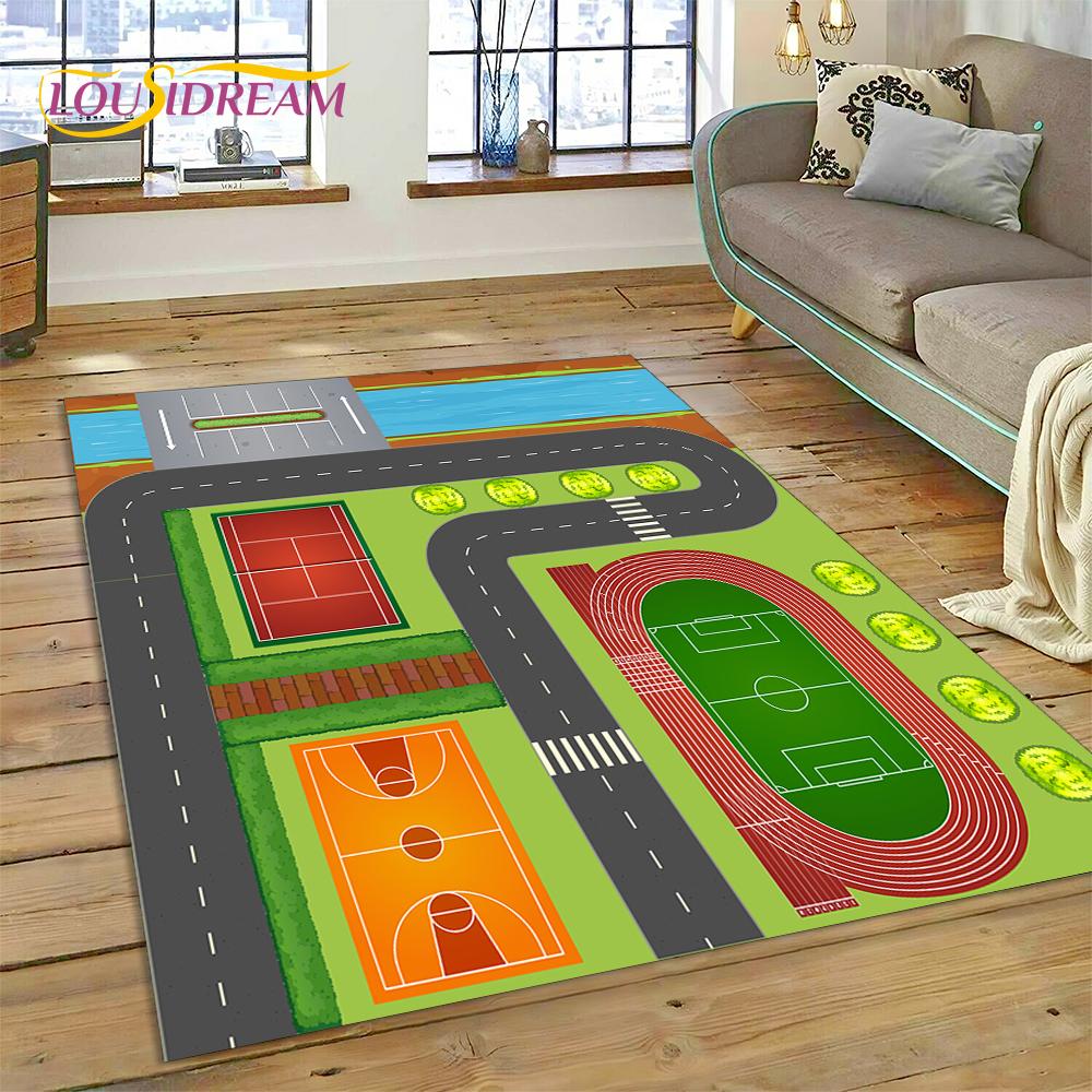 City Traffic Road Map Runway Child PlayMat Highway Playroom Area Rug,Carpet Rug for Living Room Bedroom Sofa Doormat, Non-slip