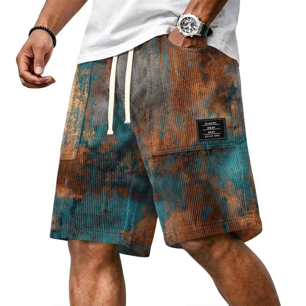 Men Casual Corduroy Drawstring Shorts Gradient Pattern Elastic Waistband Comfortable Fit Suitable for Everyday Wear