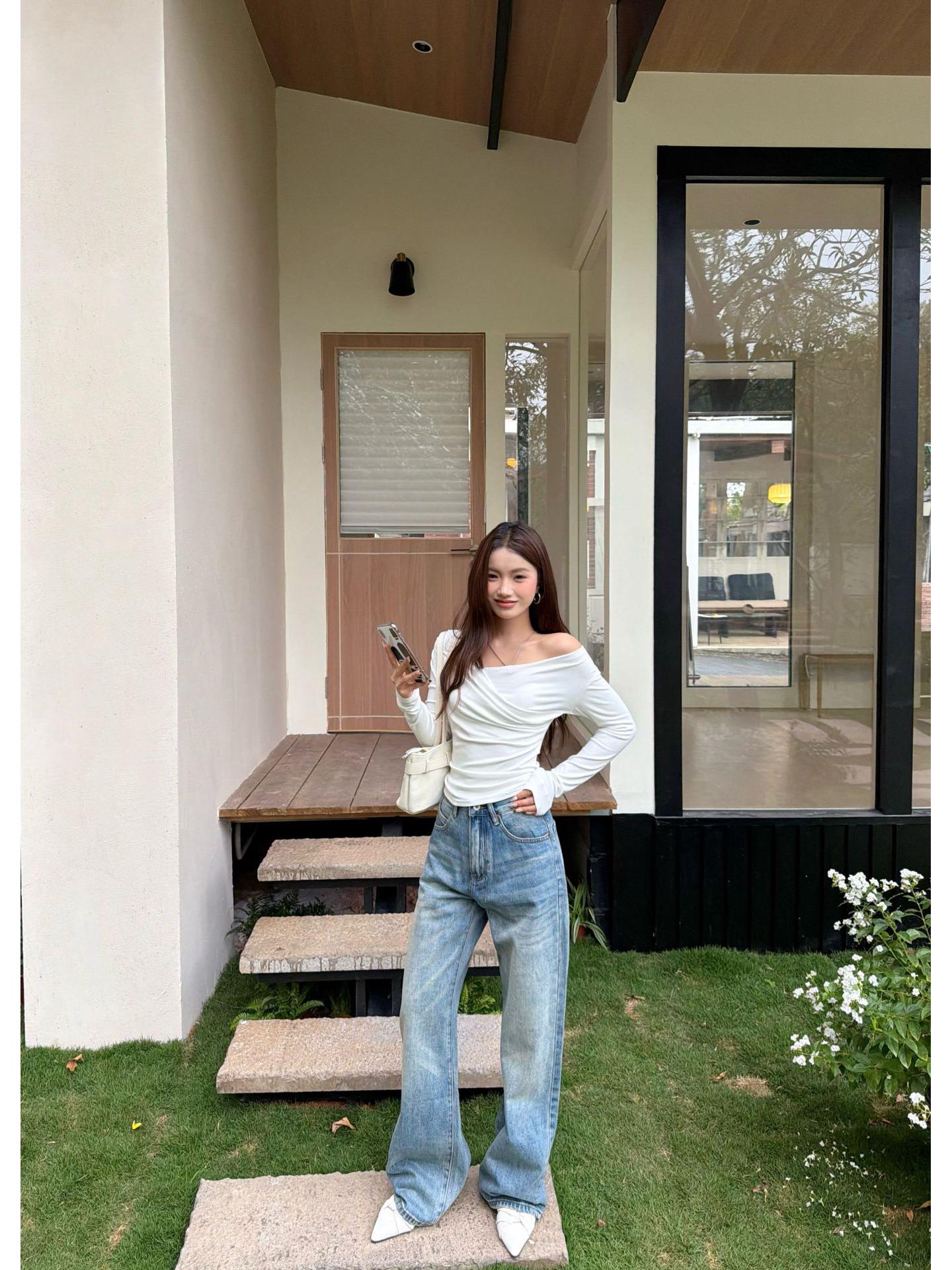 Lu Sheng Unisex Retro Washed Blue Slimming Straight-Leg Jeans XL