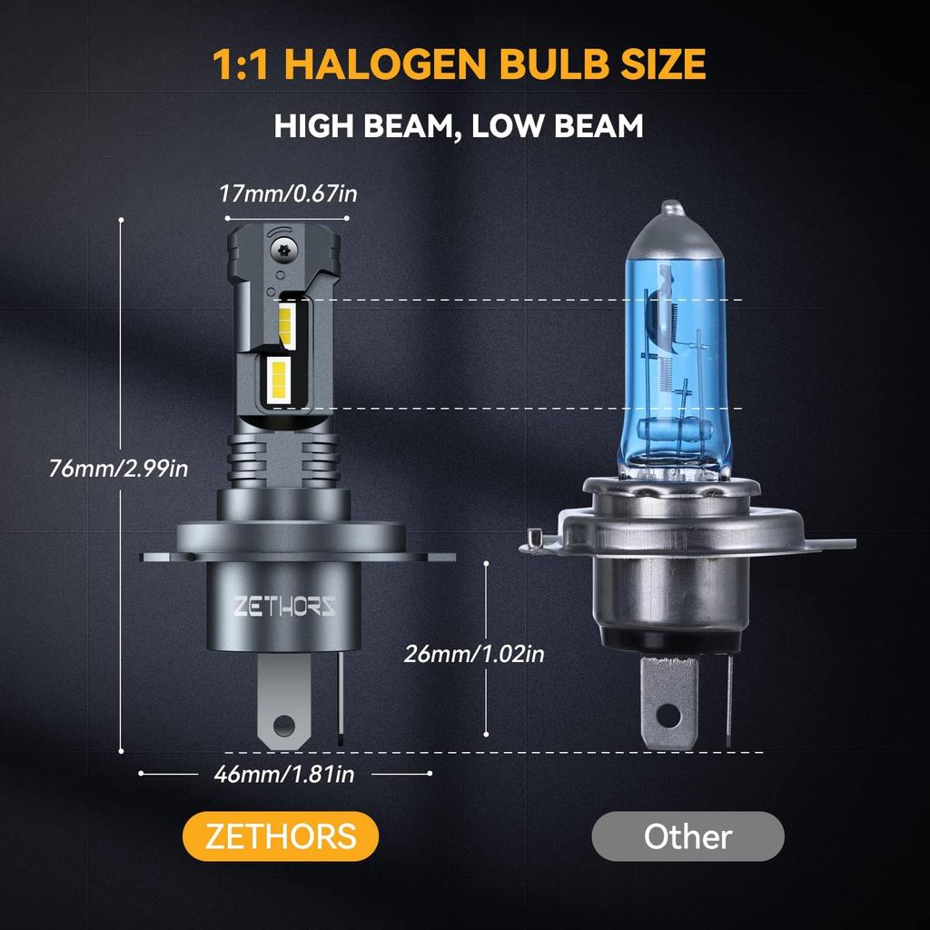 Reflektor LED Zethors H4, Hi/Lo do samochodów, Wysoka jasność, 6000K, 3x Jasność, Biały, Bezprzewodowy,