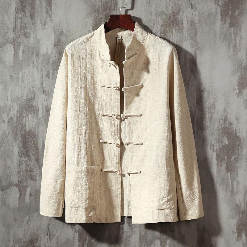

Mens Beige Linen Blend Mandarin Collar Frog Button Long Sleeve Shirt M хаки