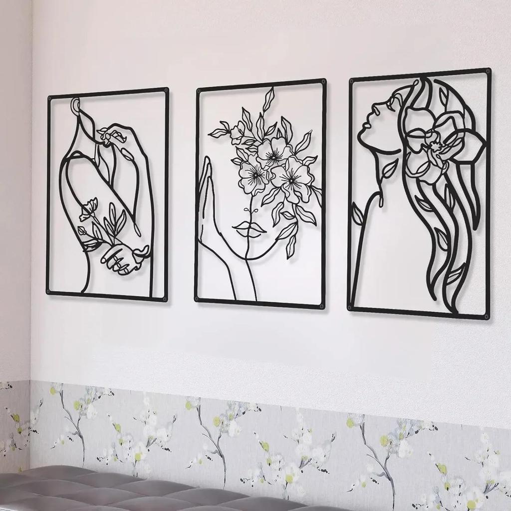 3 Pieces Metal Wall Art Abstract Woman Line Drawing Black Home Decor Living Room Kitchen Bathroom Gift