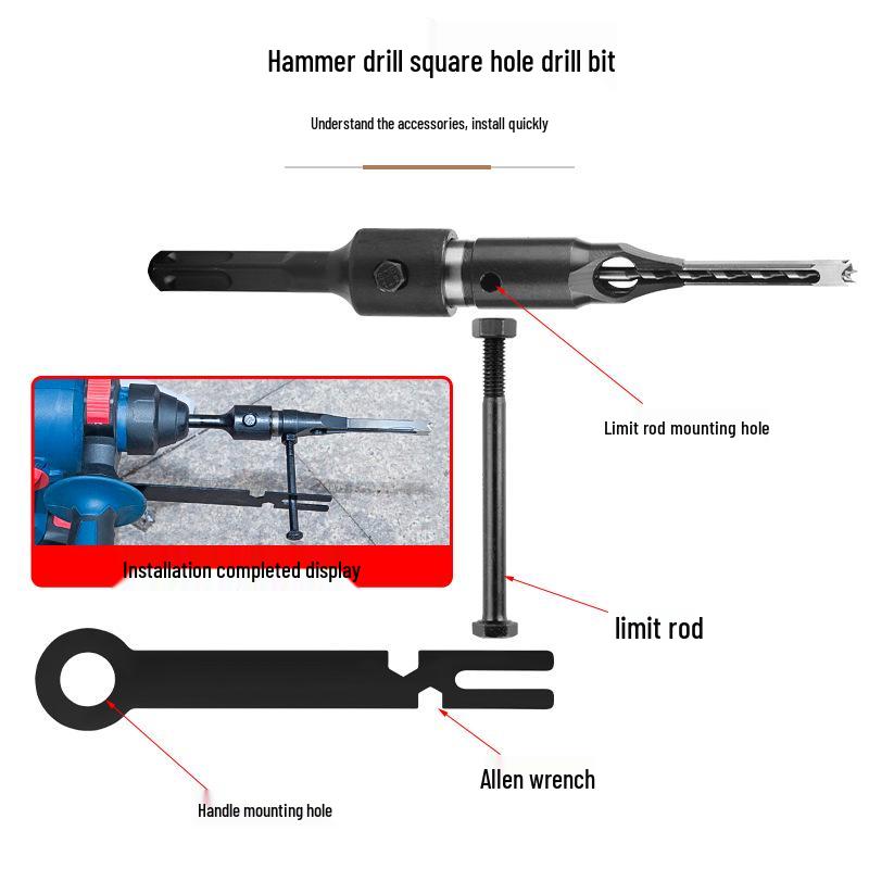 Electric Hammer Square Shank Drill Bit for Woodworking - Two Holes & Grooves