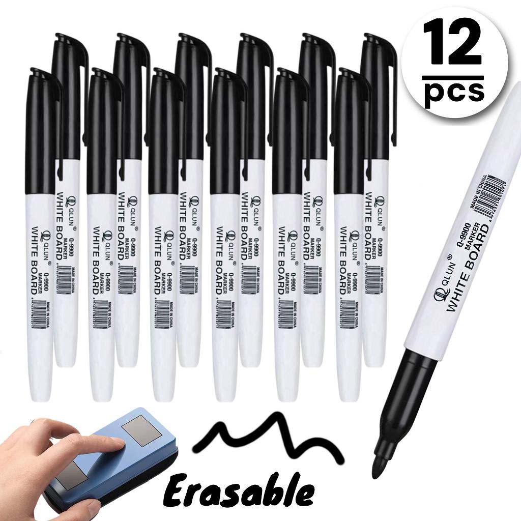 12pcs Black large-capacity erasable marker pen for whiteboard, with water-based ink.