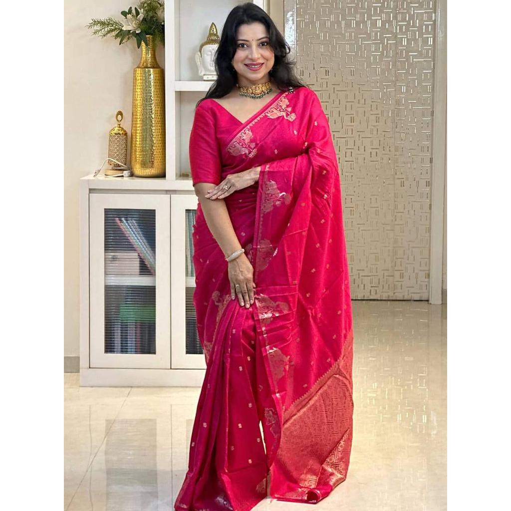 New Launch – Elegant Soft Banarasi Silk Saree with Pure Golden Zari Weaving & Royal Heavy Brocade Blouse