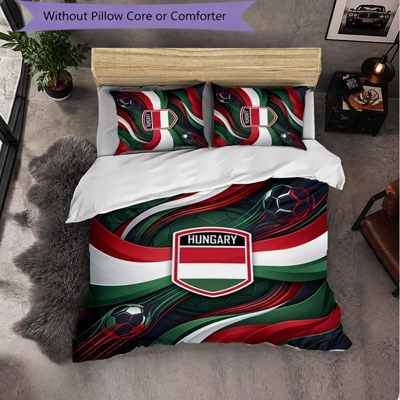Hungary Football Pattern 3 Pieces Bedding Set Soft Microfiber Duvet Cover with Pillow Cases for Bedroom