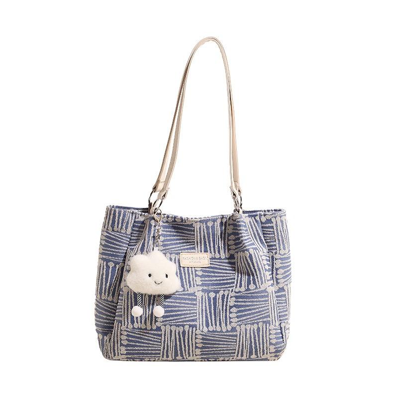 Large Capacity Striped Canvas Bag Women's New Autumn and Winter Lazy Wind Shoulder Bag Commuter Tote Bag