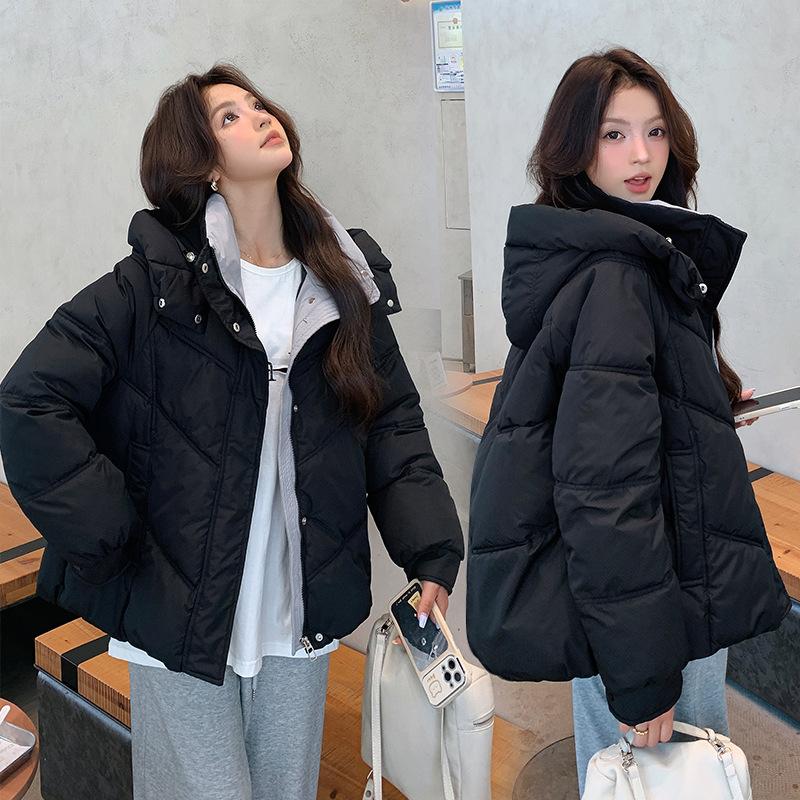 Cotton clothes women's winter 2025 new Korean thickened loose hooded contrasting cotton jacket Korean version of padded jacket student jacket