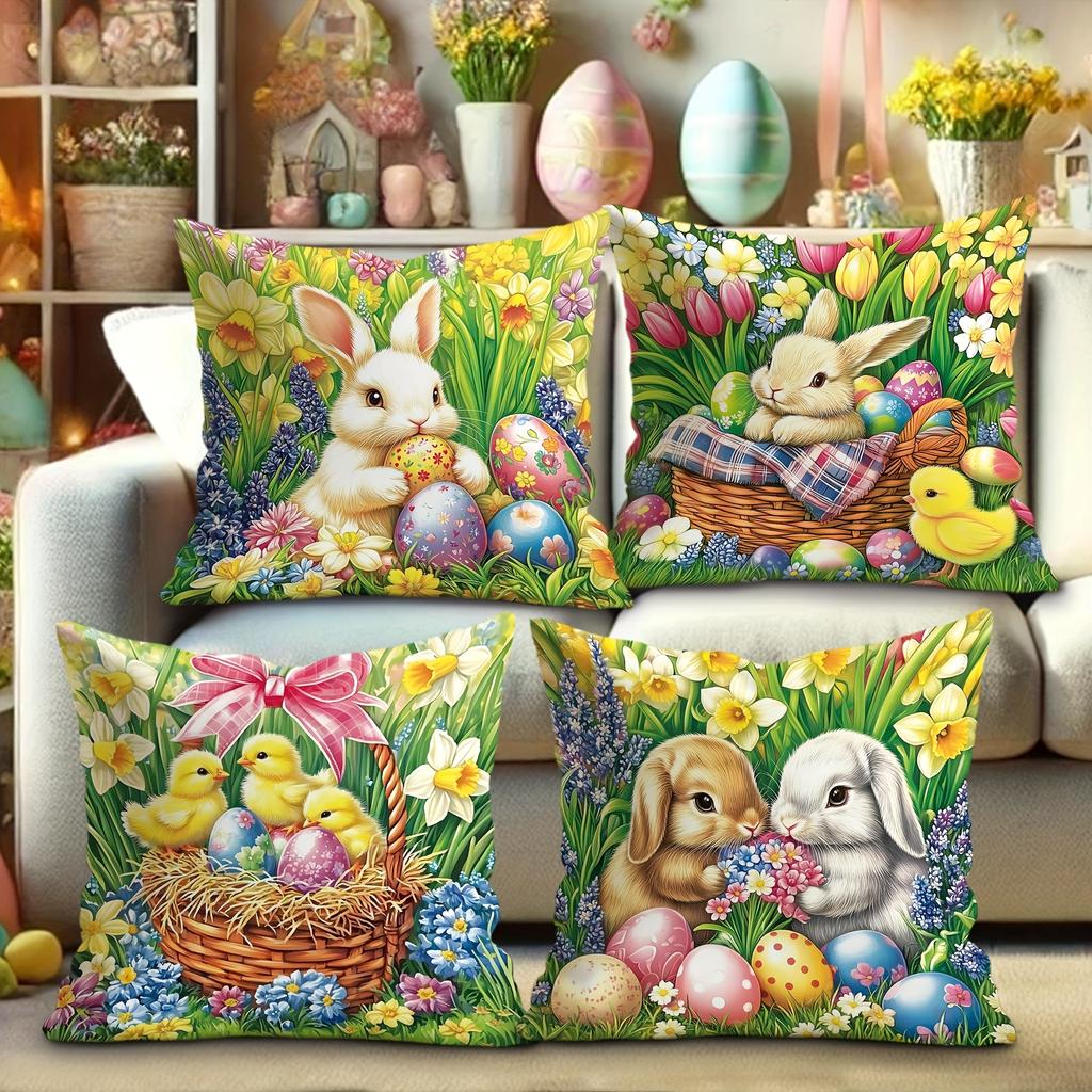 1Pc Easter Bunny Flower Chick Pillowcase Cute Funny Yellow Green Pink Decorative Pillow Cover Zipper Closure Machine Washable