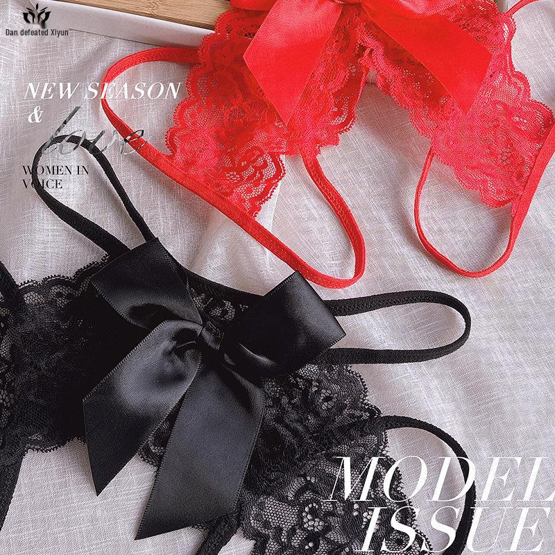 Open Crotch Lace Thong - See-Through, Low Waist, Sexy, Large Size, Bow Detail.