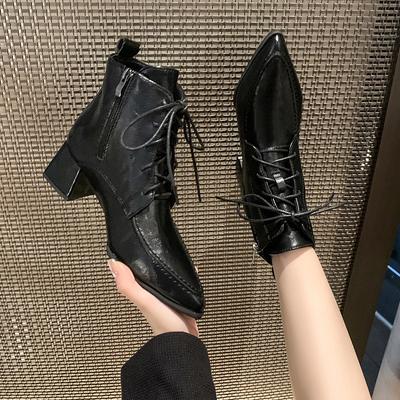 Cuir Rétro Femmes Mûres Bottines Pointues Lacets Talons Épais Chaussures Femme Automne Hiver Bottes de Bureau Chaussures