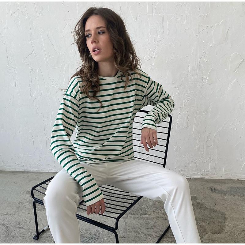 2025 Spring Autumn Long Sleeve Striped T-Shirts Women Basic Casual Tops Female Cozy Loose Cotton Tees T-Shirt New