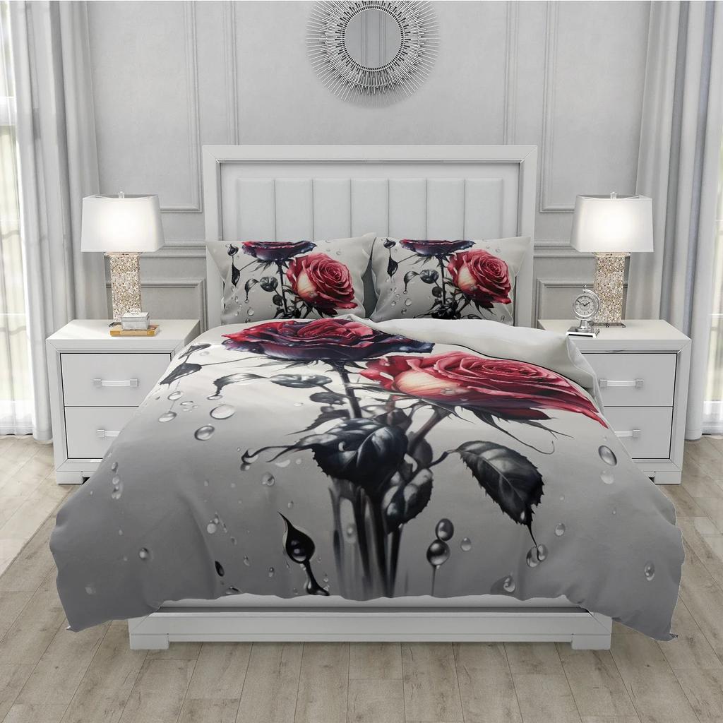 3Pcs 3D Floral Bedding Set Colorful Rose Duvet Cover Sets Flower Bed Linen Red Rose Design Custom King Queen Full Size 260X240