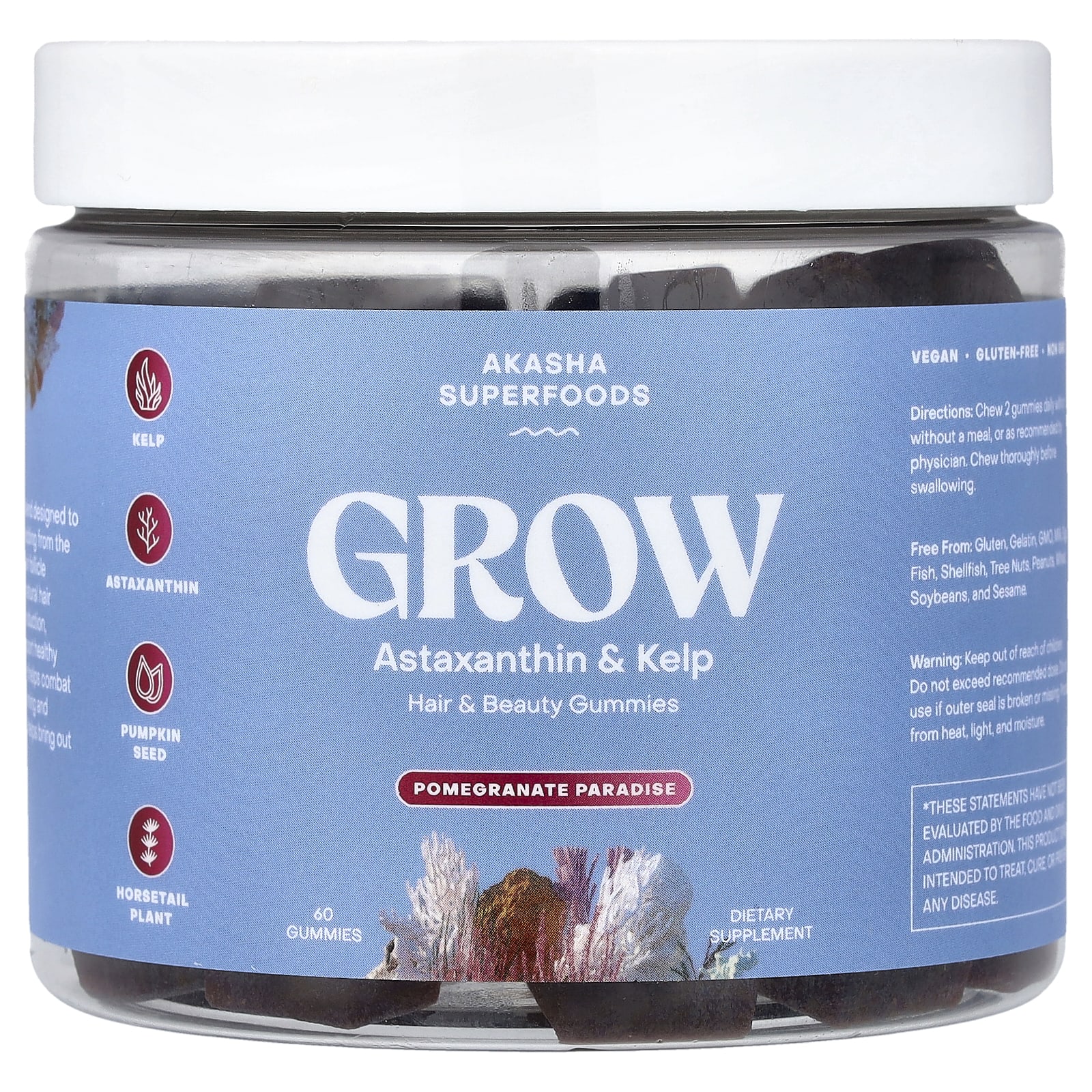 

Akasha Superfoods, Grow, Жувальні цукерки для волосся та краси, Гранатовий рай, 60 жувальних цукерок