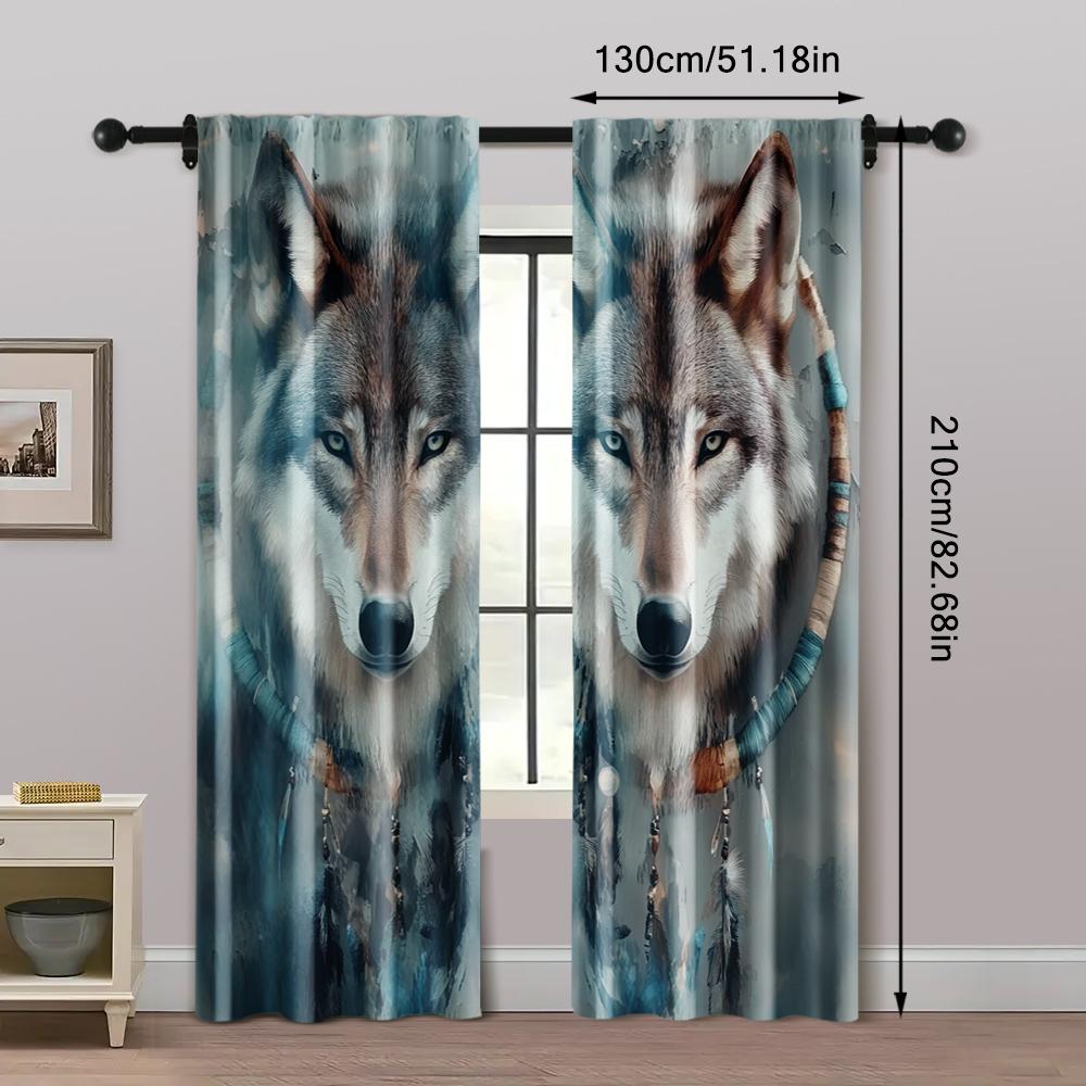 2pcs, Fashionable Curtains 2D print Wolf Dreamcatcher Prints Fabric (without rod) Versatile All Use for Bedroom, Living Room,