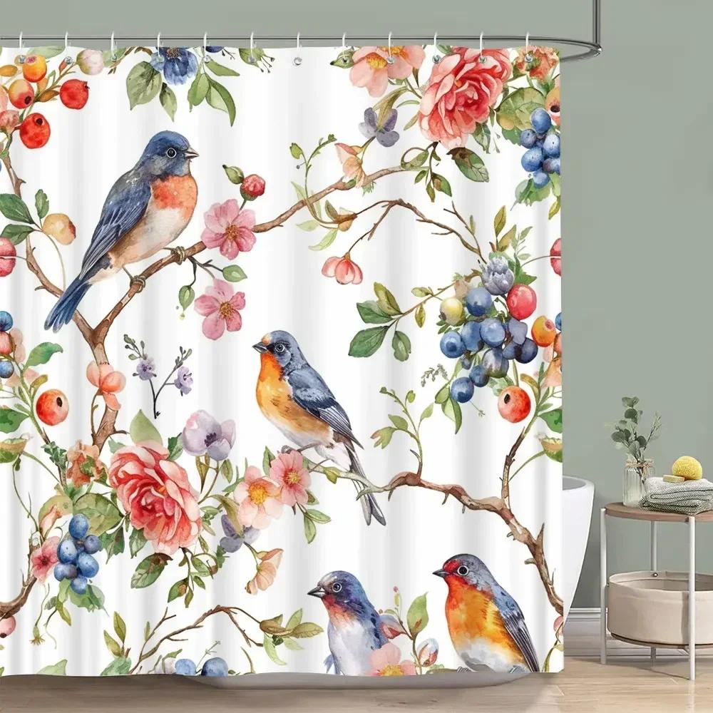 Hummingbird Floral Shower Curtain Birds Watercolour on Flower Branches Printed Polyester Bath Curtains Bathroom Decor with Hooks
