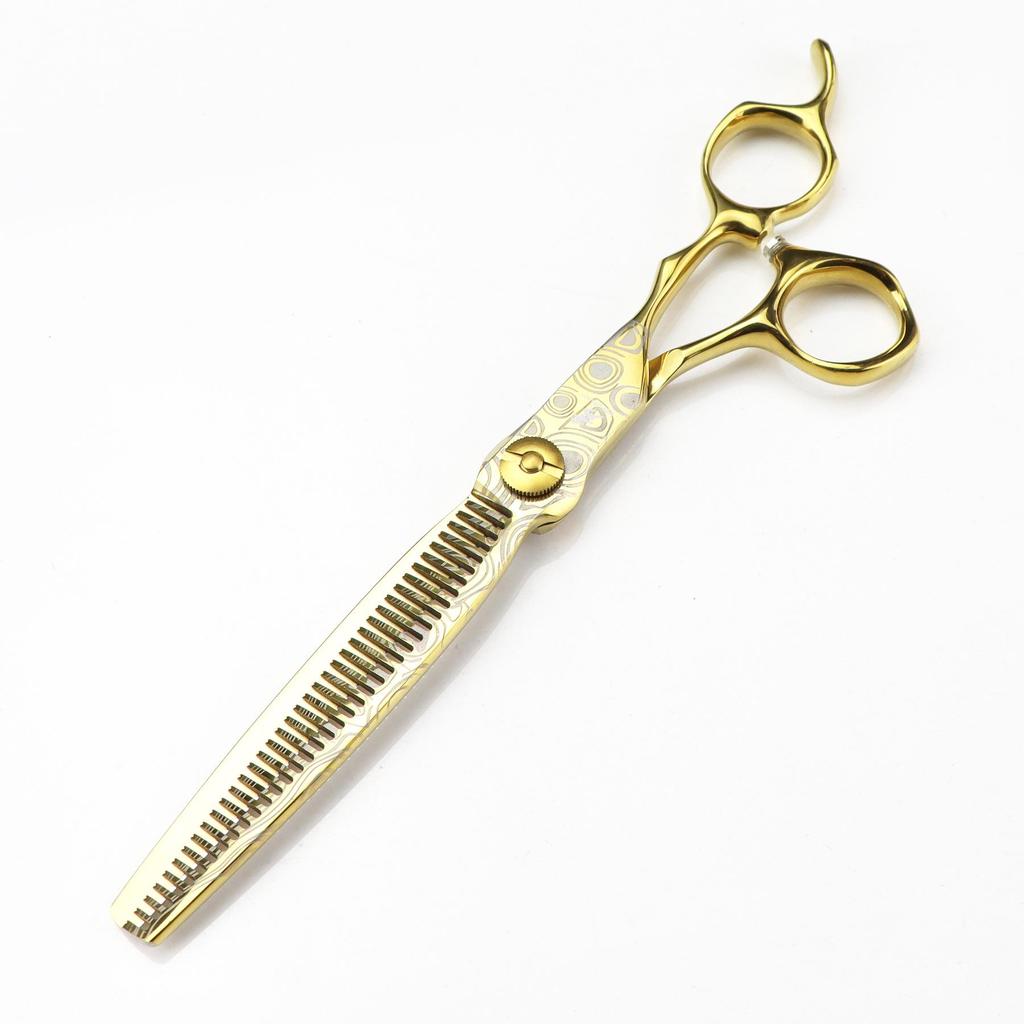 Gold 7" Damascus Steel Hairdressing Scissors - Barber Serrated Thinning Scissors