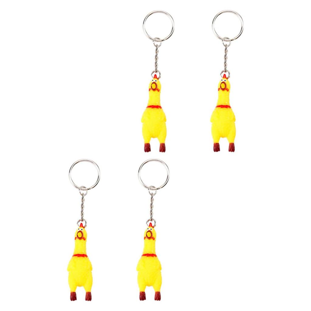 Set of 4 Screaming Surprise Chicken Keychains Miniature Stress Reliever Keyrings Perfect for Cell Phones and Bags - -