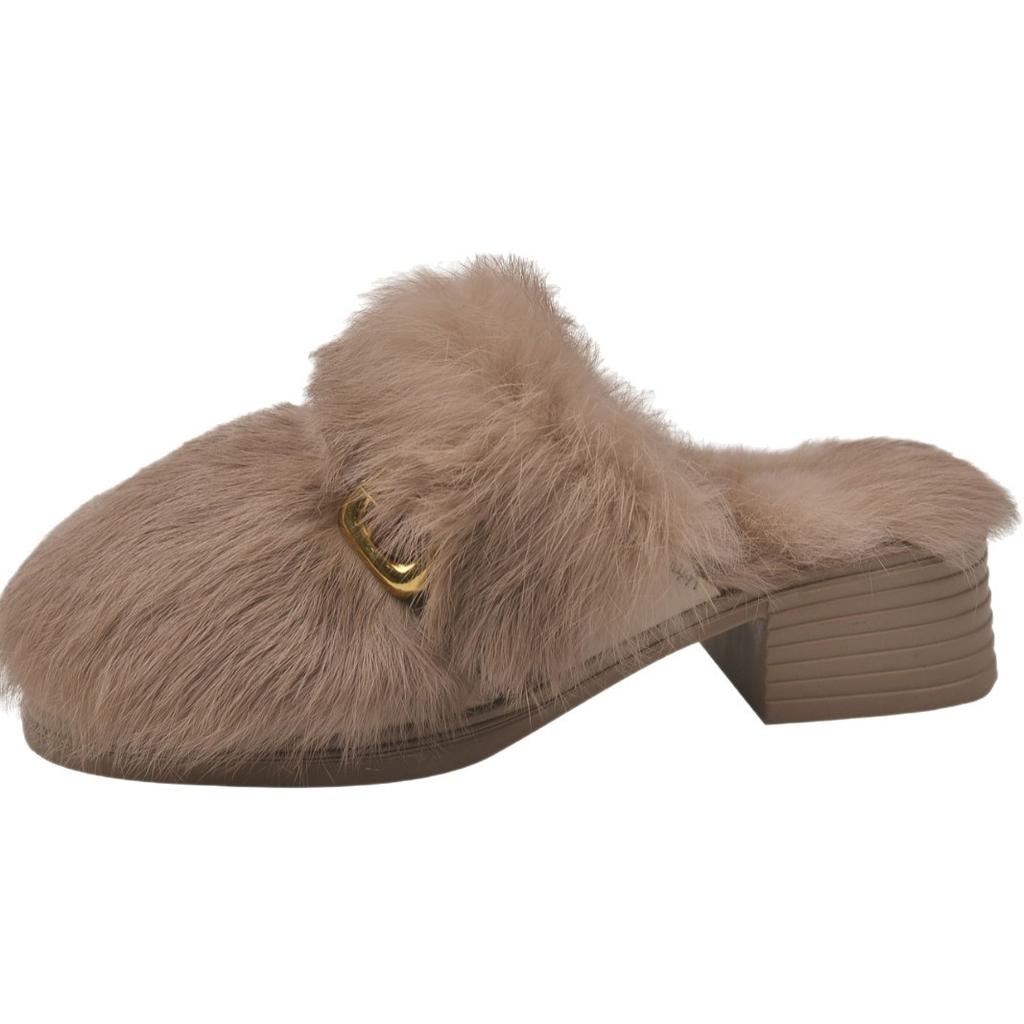 Mao Mao slippers women's wear 2025 autumn and winter new rabbit hair half slippers Muller shoes Mao Mao shoes home cotton slippers