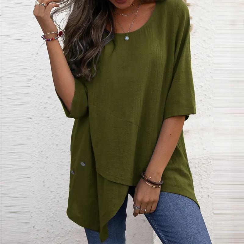 Women's Cotton Linen Round Neck Irregular Shirt Five-quarter Sleeve Tops Women’s