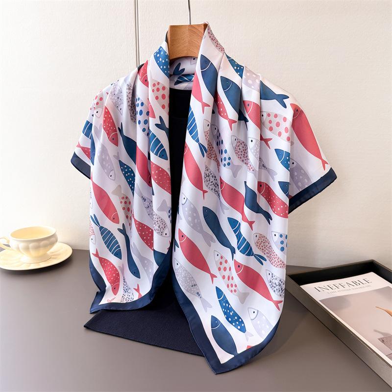 Fresh color small fish simulation silk printing high-end shawl large square scarf sunscreen scarf scarf silk scarf headscarf