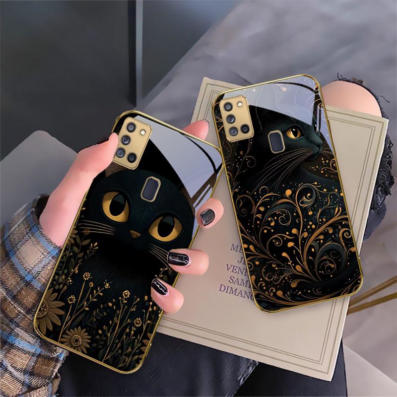 Fantastic Black Cat For Samsung A 31 32 A33 A34 35 14 A15 13 A16 25 26 50 52 53 54 55 56 70 71 72 73 Golden glass phone case