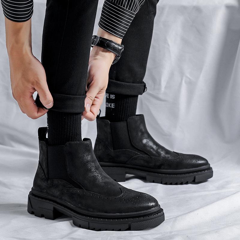 

модные броги челси для мужчин из натуральной кожи, туфли из бычьей кожи, ковбойские ботинки на платформе, дизайнерские винтажные ботильоны, мужские ботинки 270 чёрный