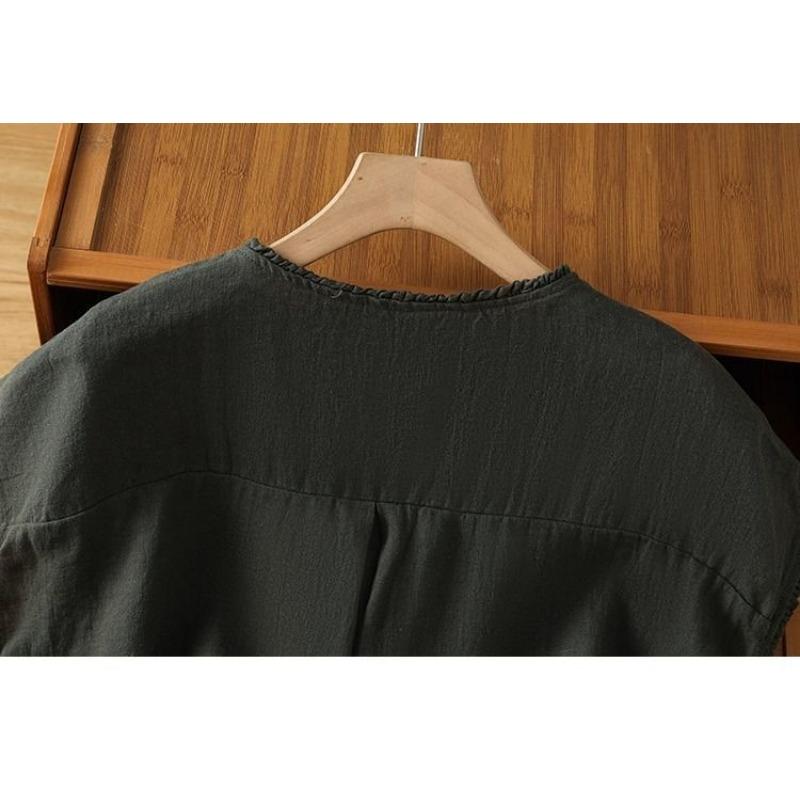 Women Solid Color Ruffle Linen Cotton Shirt Casual Cap Sleeve Breathable Summer Blouse