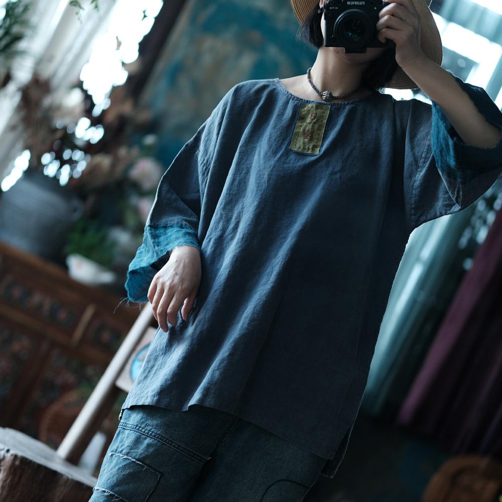 Johnature Women Vintage Blue T-Shirts Patchwork Embroidery Spring Long Sleeve O-Neck Loose T-Shirts