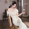 Super Fairy Evening Dress Skirt Light Luxury Niche Style 1011 New One-word Shoulder Fishtail Banquet Temperament White