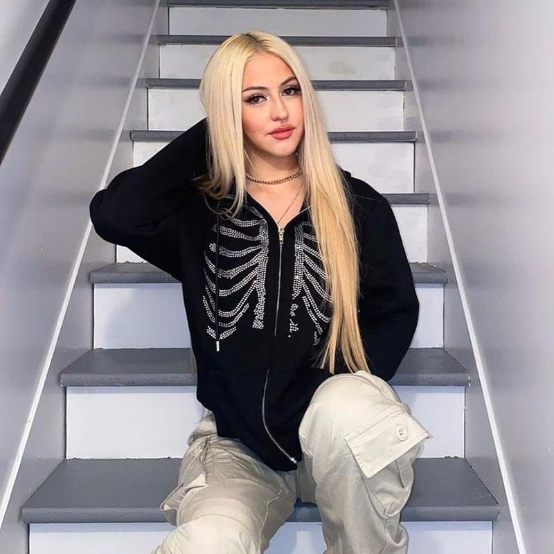 Y2K Rhinestone Skeleton Hoodies Women Gothic Black Red Zip-up Sweatshirts Female Retro Harajuku Hooded Coats Streetwear