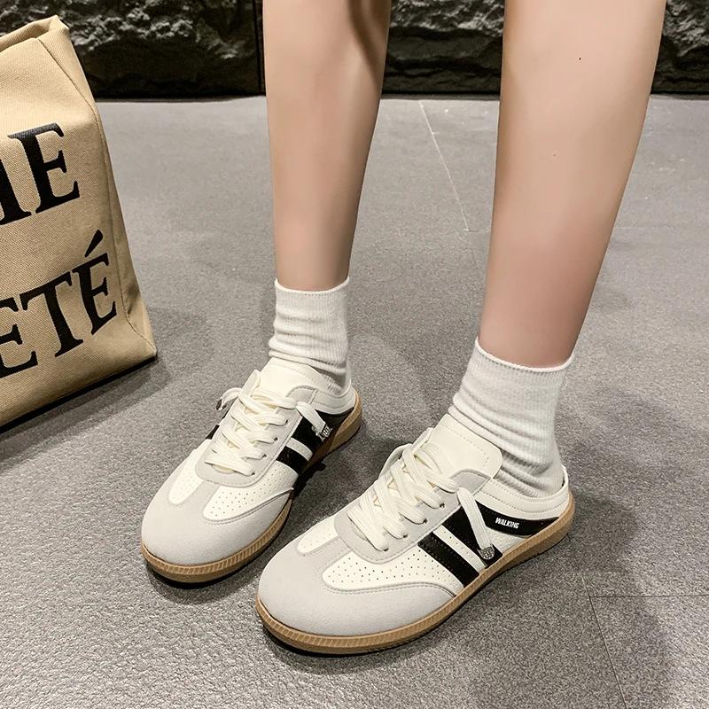 Fashion Women's Mules Flat Sole Lace-up Decoration Cover Toe Cow Suede Women's Slippers Leisure Dress Comfortable Zapatillas De Mujer