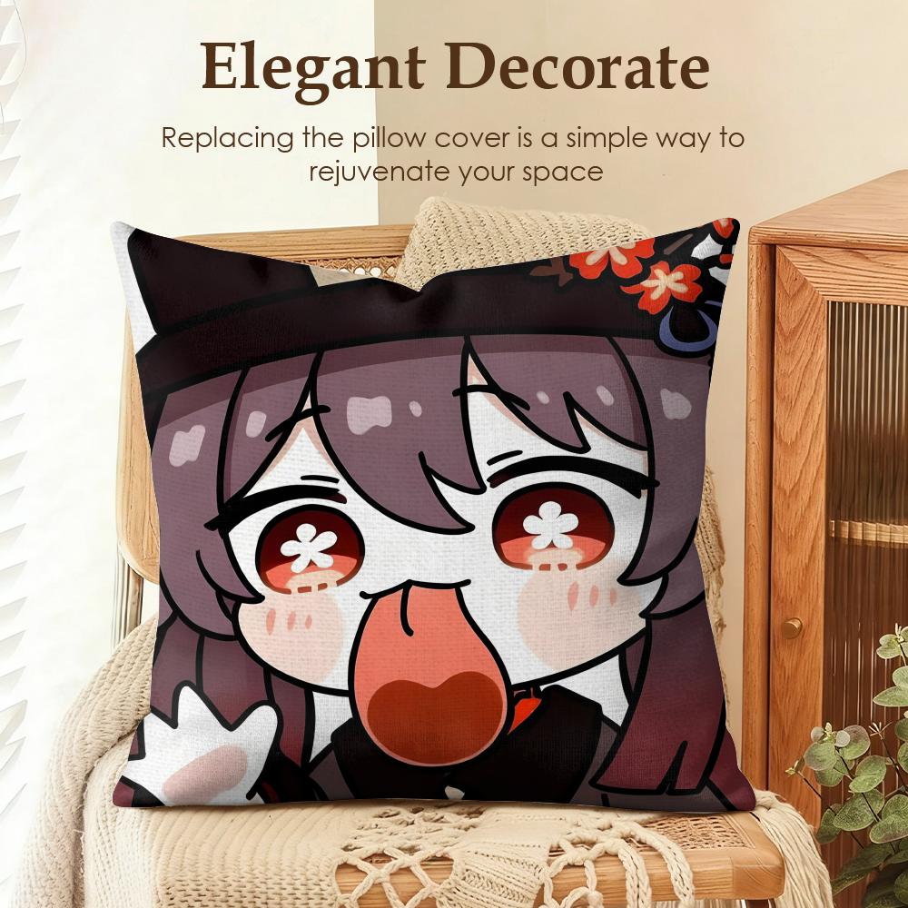 Hu Tao cute Genshin Impact Cushion Cover Natural Linen Organic Fabric DoubleSided Printing Sofa Home Decor Gift Pillow Case
