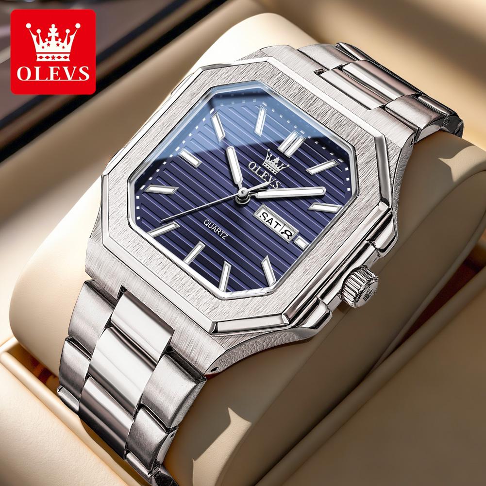OLEVS 3731 Quartz Wristwatch for Men Stainless Steel Square Dial Fashion Simple Dual Calendar Luminous Waterproof Men's Watches