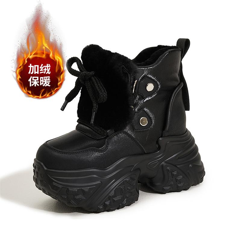 

Мода 10 см Натуральная кожа Вулканизированная Мода Толстая подошва Женские Массивные Кроссовки Платформа Клиновидная Повседневная Зимняя Плюшевая Осенняя Обувь 34 чёрный