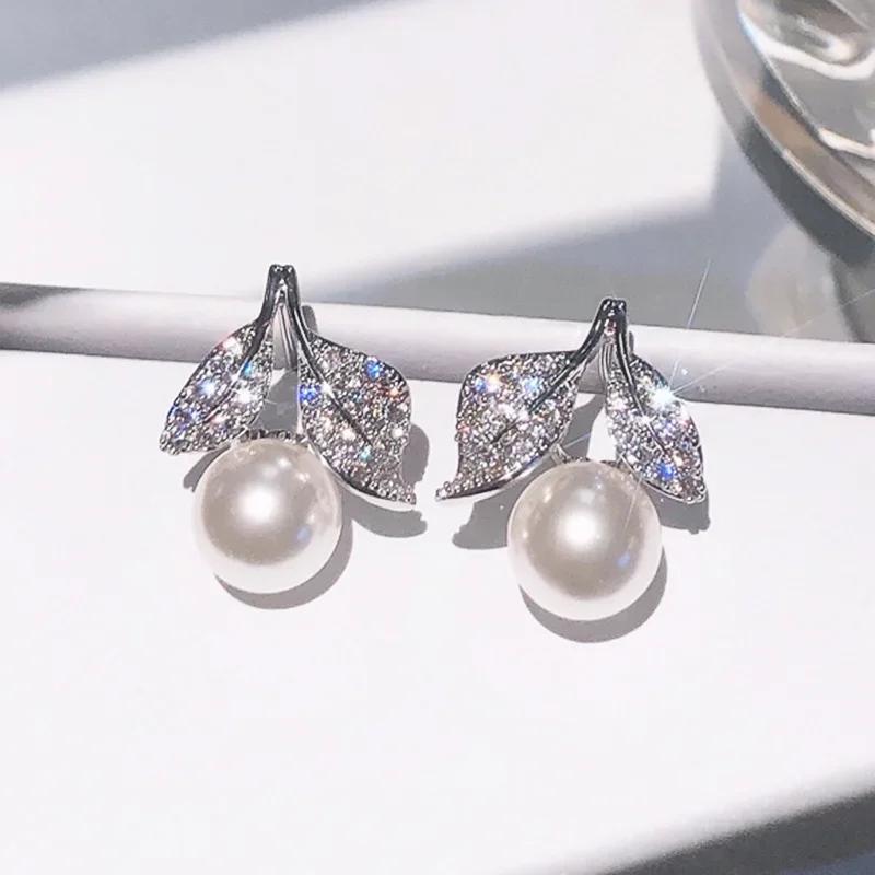 New High End Pearl Zircon Leaf Earrings For Women'S Daily Wear, Fashionable, Elegant, Light Luxury Jewelry Accessories