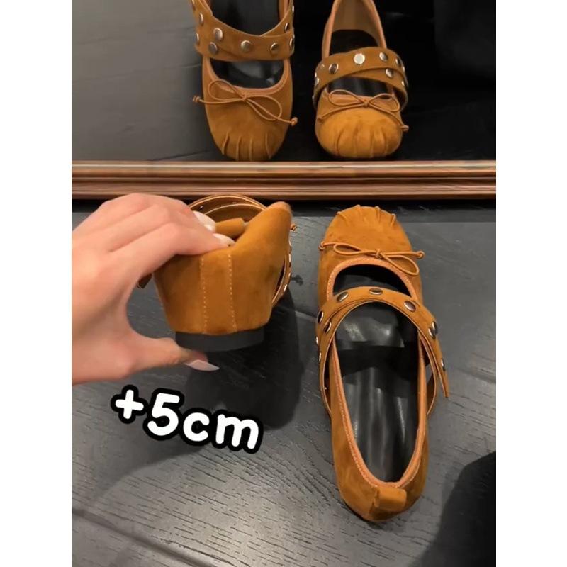 Schaffellversion~ Leder Französische Schleife flacher Boden Innenhöhenerhöhung 5cm flacher Ausschnitt Einzelne Schuhe Damen Nieten Kreuzriemen Mary Jane
