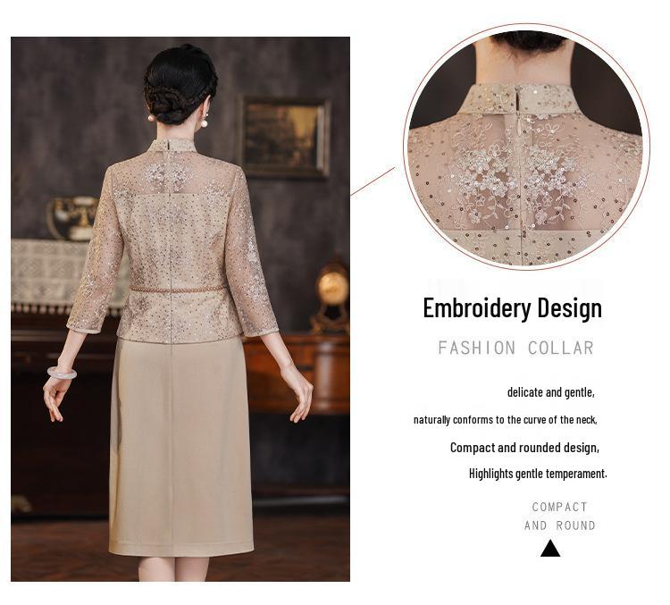 Champagne Qipao Dress - 2024 Spring Collection for Middle-Aged Women
