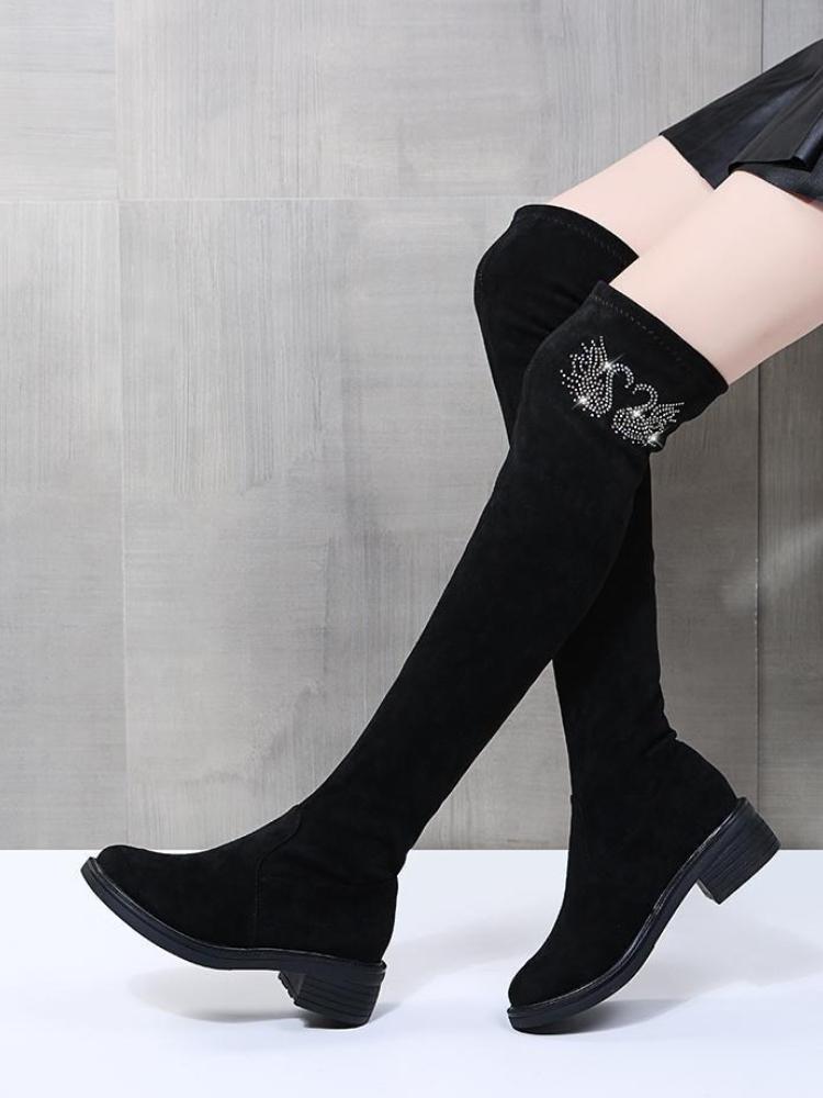 Women's Over Knee Stretch Boots 2025 Autumn Winter New Design Crystal Embellished Thick Heel Slimming Faux Fur Lining Warm Boots