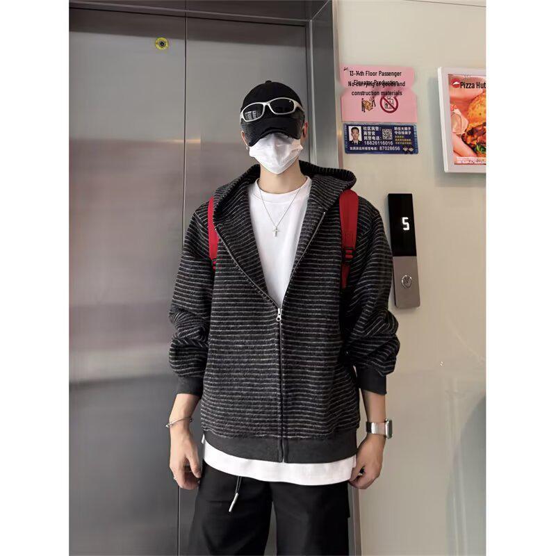 

Unisex American Striped Hooded Cardigan - High-Quality, Heavyweight Relaxed Fit for Autumn/Winter, Korean Style Couple Jacket Extra Large чорний