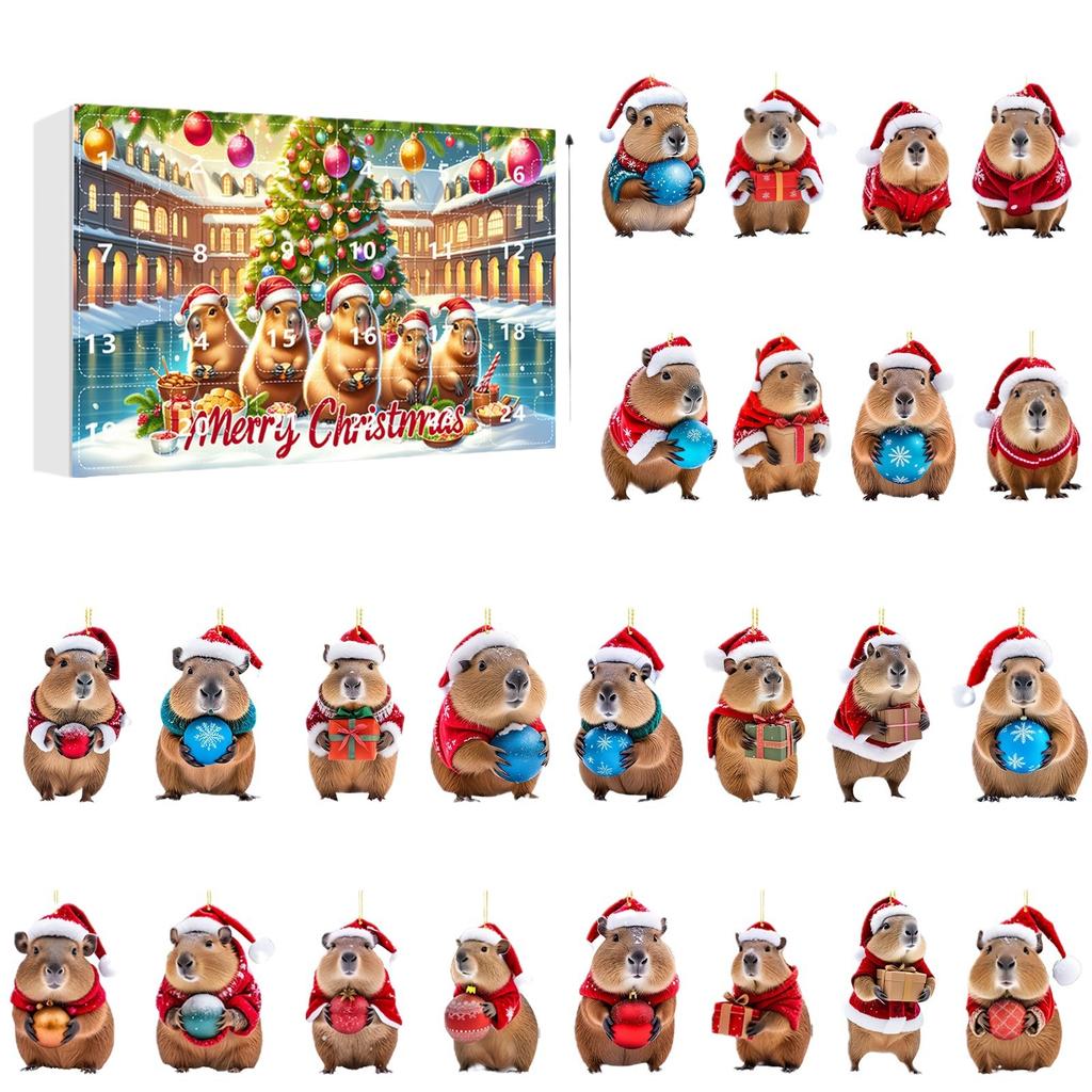Capybara Advent Calendar 2024 24 Days Christmas Countdown Calendar 2D Acrylic Capybara Pendant for Christmas Tree Car Home Decor