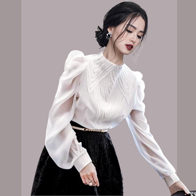 New Fashion Long Sleeve Stand Collar Black White Chiffon Blouse Shirt Women Tops J386