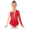 Girls Shiny Rhinestones Mesh Patchwork Dance Dress Asymmetrical Hem Long Sleeve Dancewear
