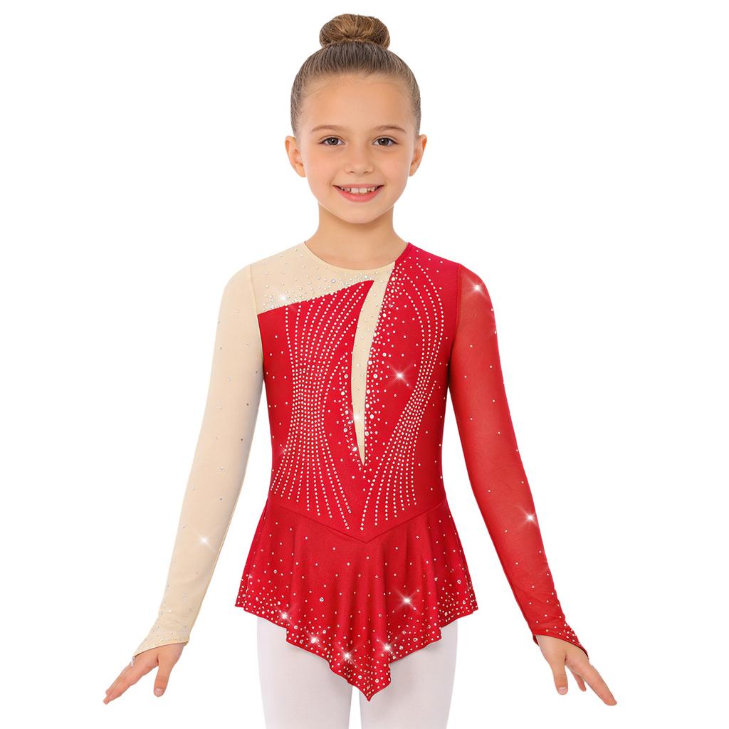 Girls Shiny Rhinestones Mesh Patchwork Dance Dress Asymmetrical Hem Long Sleeve Dancewear