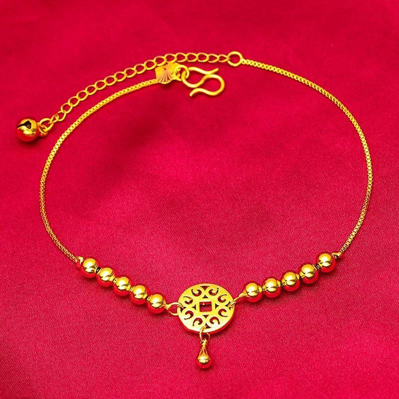 

Вьетнамское чистое аллювиальное золото Пряжка «Мир» Длинный браслет на ногу Женский 2024 Новинка Украшение из бусин для переноса Искусственный желтый цвет Золотостойкий MJL6 transfer anklet