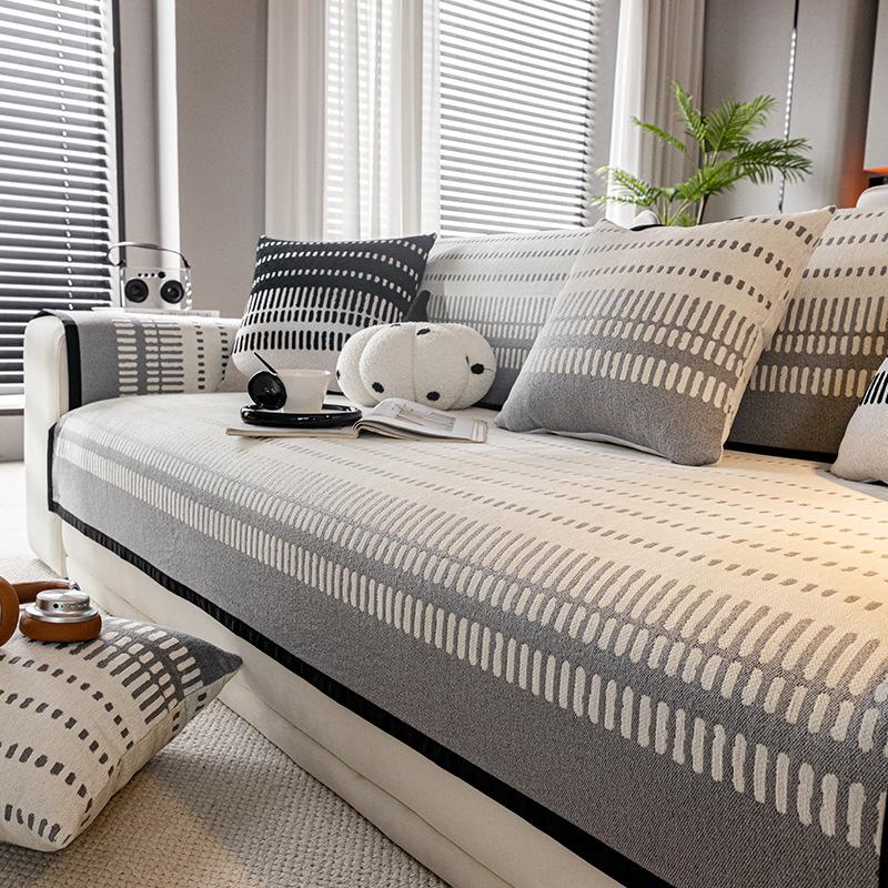 Retro Chenille Sofa Mat Four Season Universal Non-Slip Sofa Cover Combination Stripes Sofa Cushion Straight Armrest Couch Cover