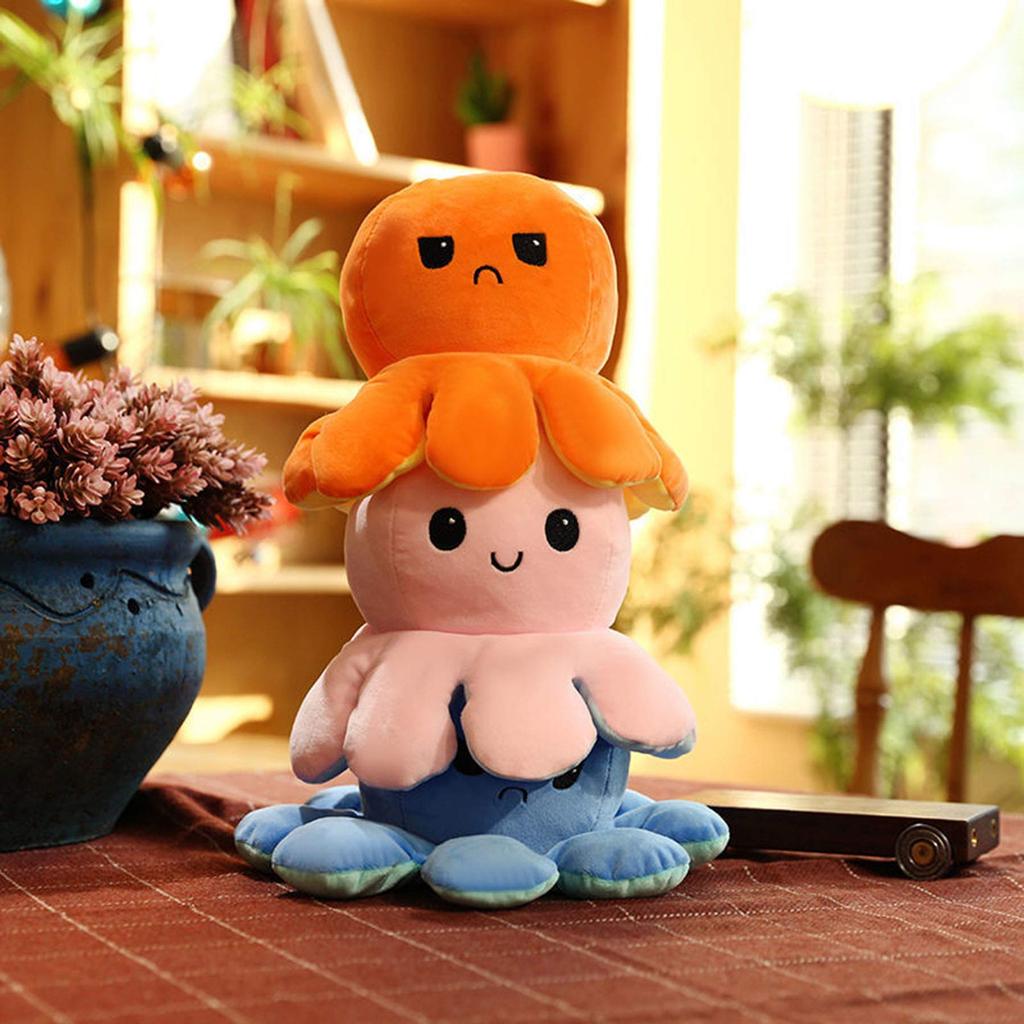 20cm Reversible Octopus Plush Toy, Perfect for Birthdays, Gifts, and More Angry and Smiling Faces (Blue x Sky Blue)